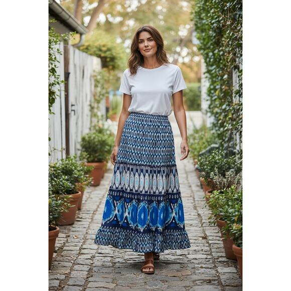 Lane Bryant Women's Blue + White Ikat Print Maxi Skirt Size 14/16 Plus Size - Picture 1 of 4
